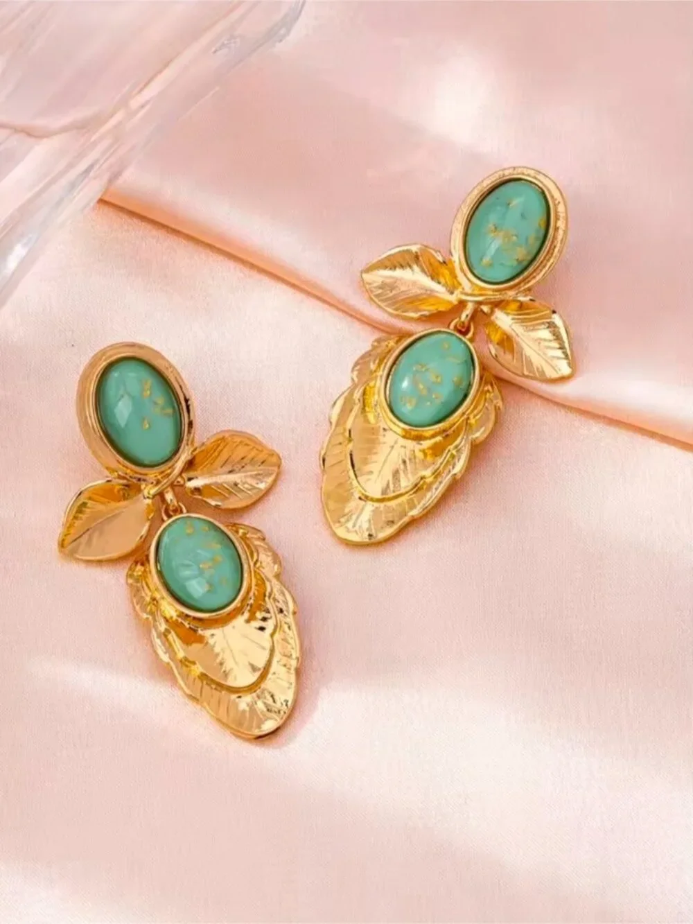 Gold Leaf Earrings with Turquoise Accents - Women Jewelry